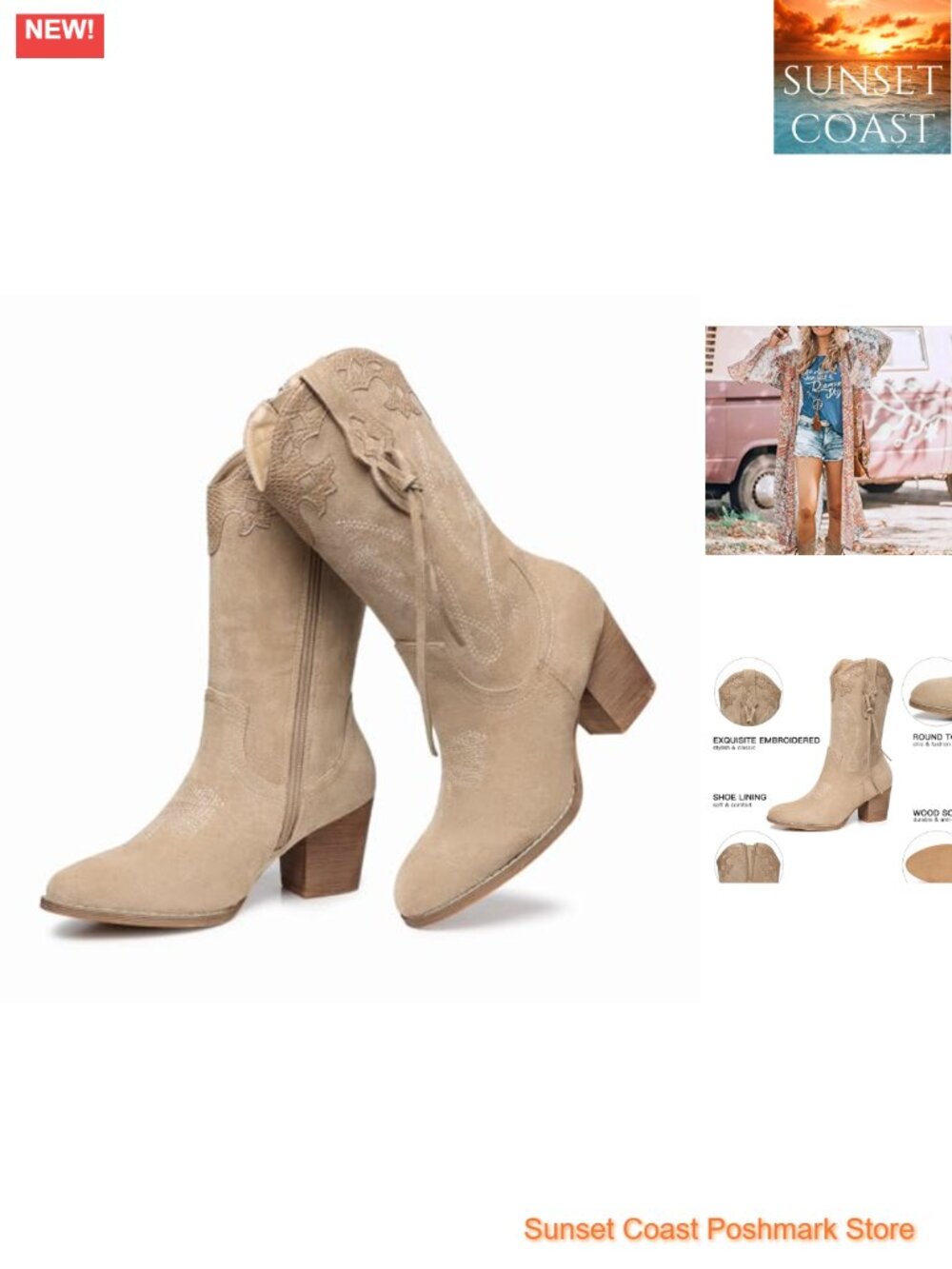 Women's Cowgirl Mid-Calf Suede Western Boots Round Toe Block Heel